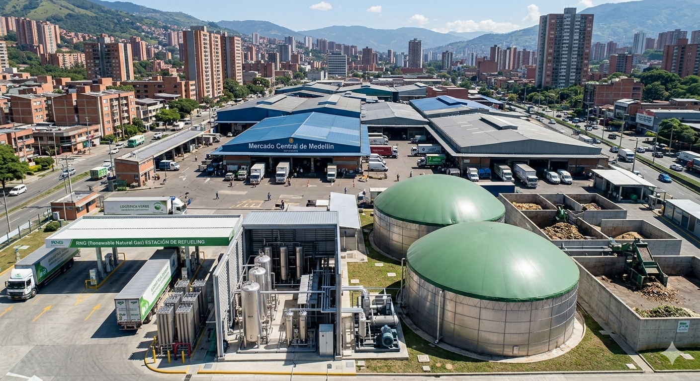Imagen conceptual de una planta de biogás integrada a una operación urbana en Medellín